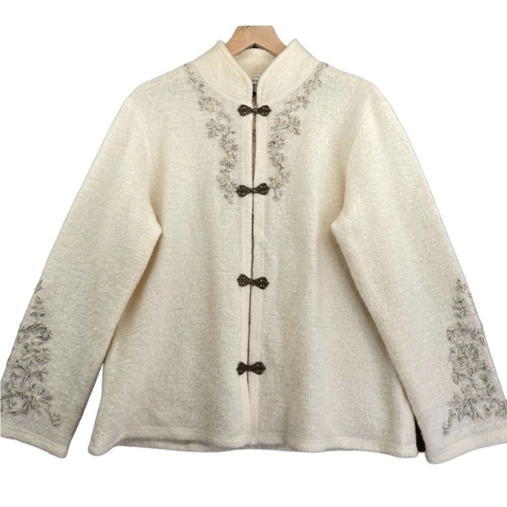 Coldwater Creek Wool Cardigan Sweater M Alpine Austrian Snowflake Embroidered